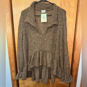 Women's Brown Knit Blouse with Ruffle Hem
